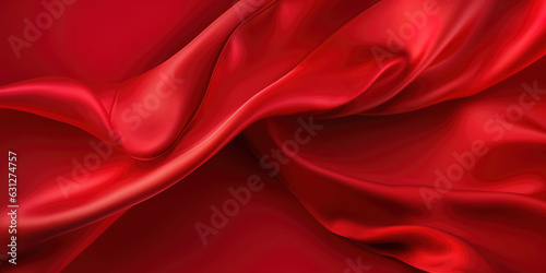 Abstract Background with 3D Wave Red Gradient Silk Fabric. Christmas, wedding, bridal, valentine, romance, award. Holiday gift with copy space. Web banner with copy space. Generative Ai