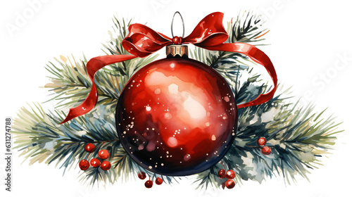 single red christmas ball in watercolor clipart design isolated against transparent background