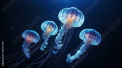  a group of jellyfish floating in the ocean at night.  generative ai