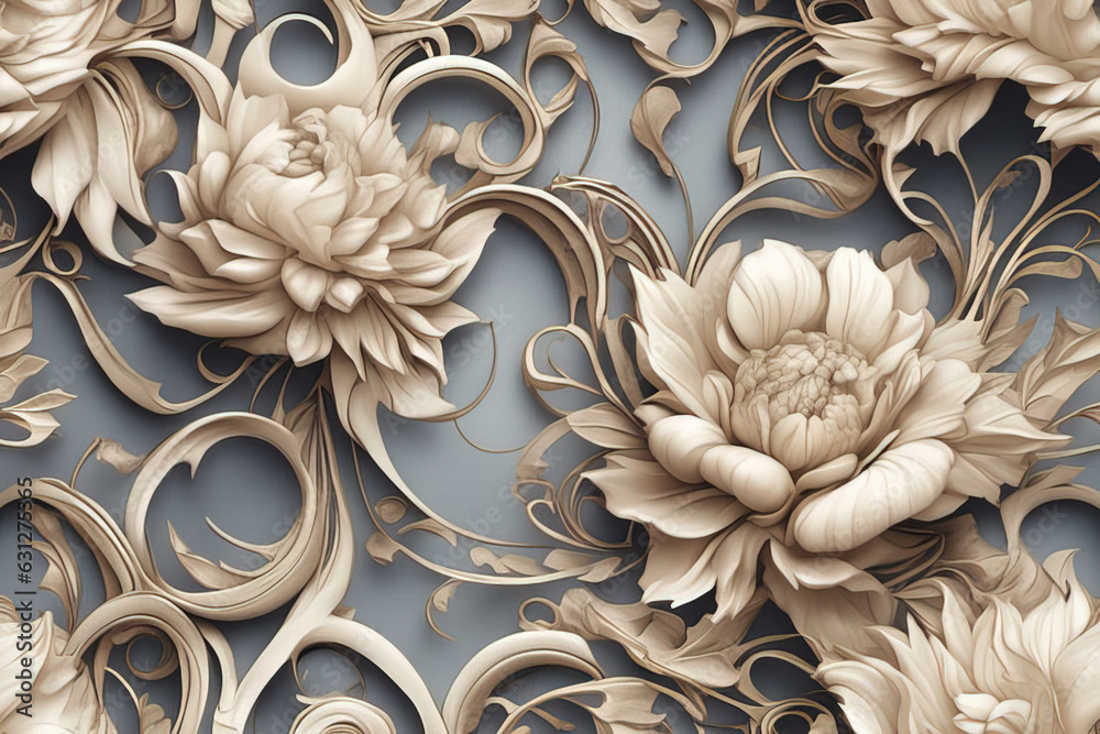 3 d illustration of beautiful floral background with flowers and ornament wallpaper - obrazy, fototapety, plakaty 