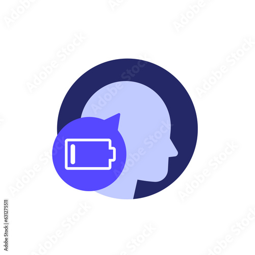 burnout or fatigue icon with head and battery, vector