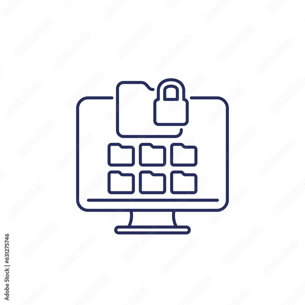locked folder icon with computer, line vector locked folder icon with computer, line vector