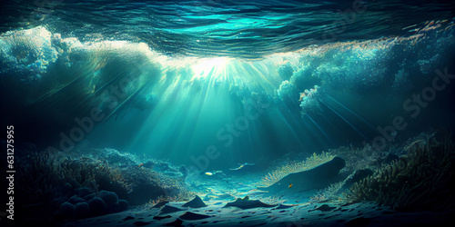 Underwater world; the sun's rays illuminate the seabed through the water. AI generated.
