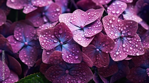 Purple Hydrangeas flowers with water drops background. Closeup of blossom with glistening droplets. Generative AI © AngrySun