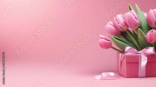 pink tulips with gifts and pink background