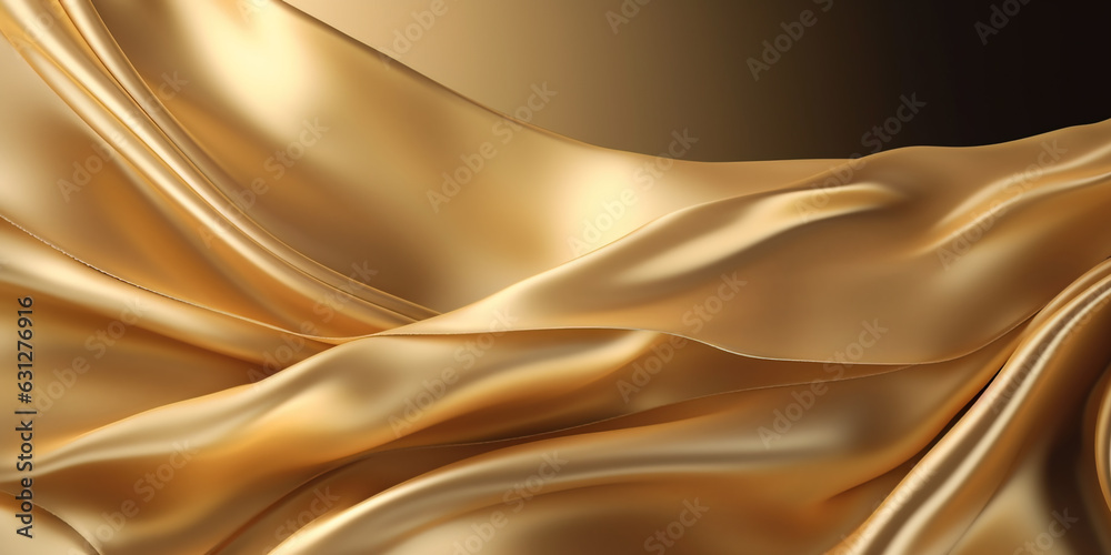 Fototapeta premium Abstract Background with 3D Wave Gold Gradient Silk Fabric. Christmas, wedding, bridal, valentine, romance, award. Holiday gift with copy space. Web banner with copy space. Generative Ai.