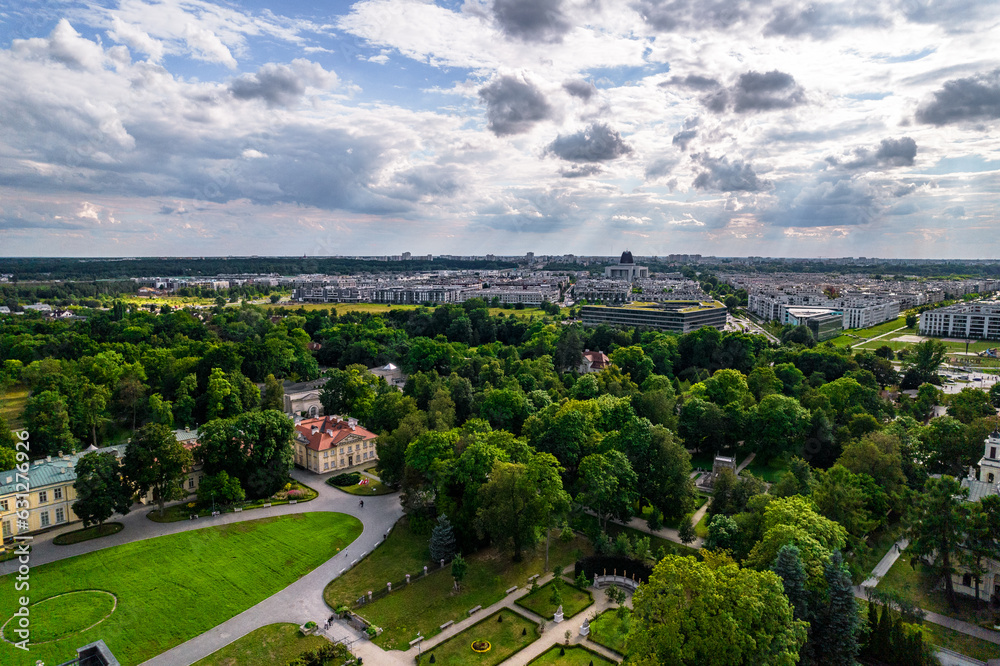 Wilanow, Warsaw, drone, bird view, aerial, city, urban, street, building, roof, sky, clouds, summer time