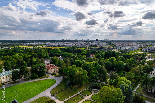 Wilanow, Warsaw, drone, bird view, aerial, city, urban, street, building, roof, sky, clouds, summer time