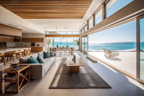 Spacious lounge zone in beach house with great sea view. AI generative image