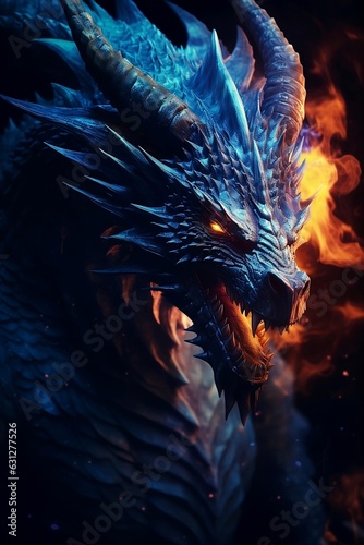 A blue dragon breathing fire, Generative AI illustrations