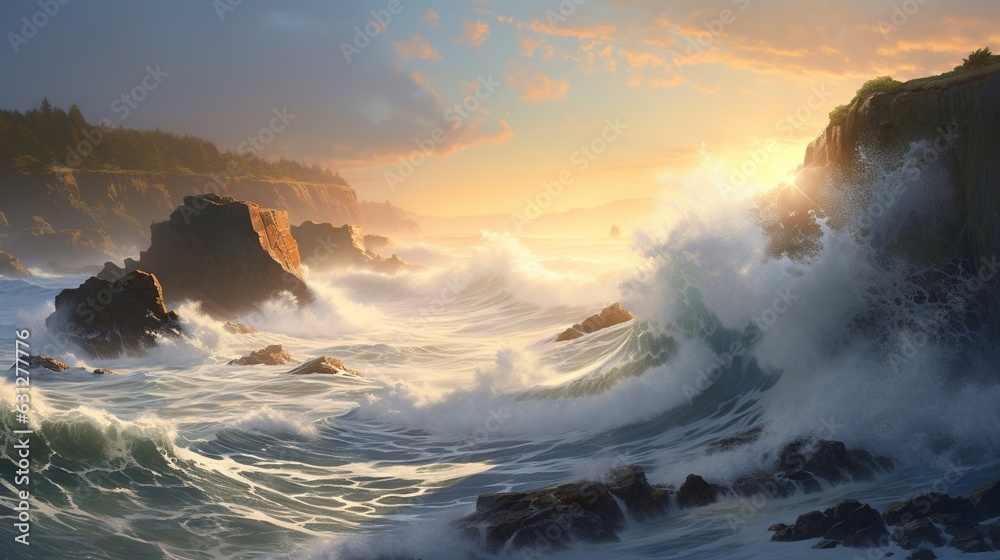  a painting of waves crashing against a rocky coastline at sunset.  generative ai
