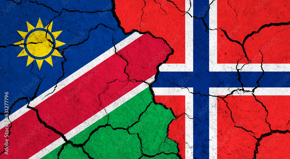 Flags of Namibia and Norway on cracked surface - politics, relationship concept