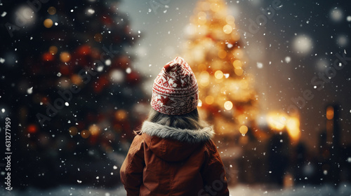 little girl standing back near the window and looking on christmas background with decorated shiny christmas tree