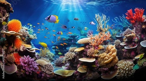  an underwater scene of a coral reef with fish and corals.  generative ai