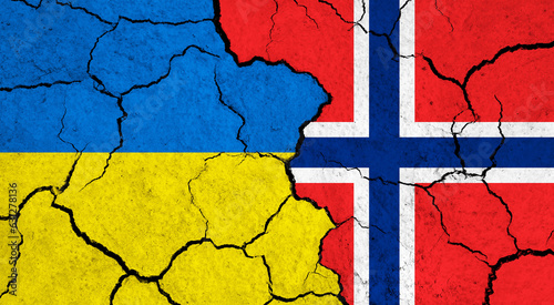 Flags of Ukraine and Norway on cracked surface - politics, relationship concept