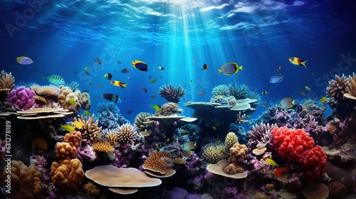  an underwater view of a coral reef with fish and corals. generative ai