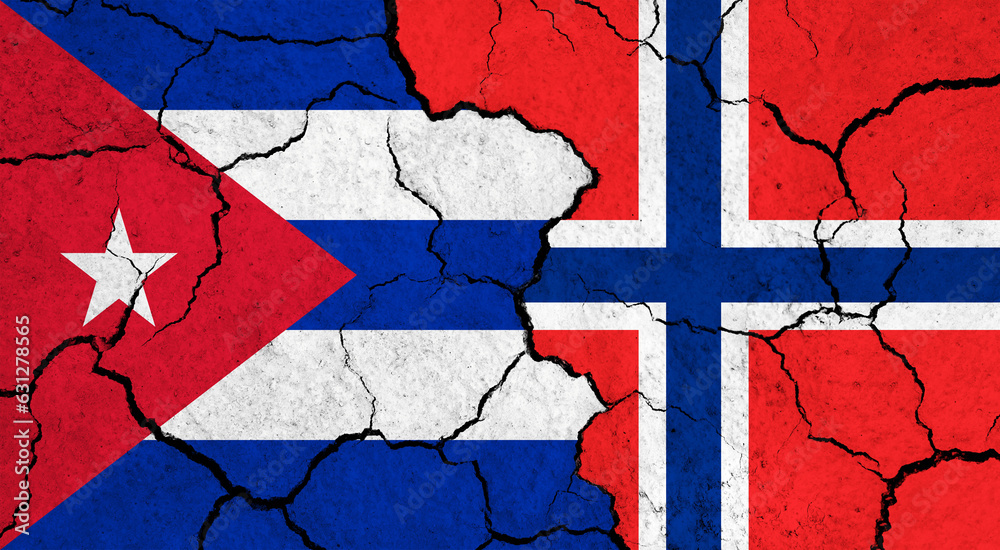 Flags of Cuba and Norway on cracked surface - politics, relationship concept