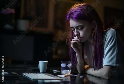 Young woman with purple hair working late at night in her home office. Generative AI