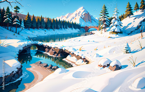 Winter landscape with snow covered fir trees and blue sky. Generative AI.