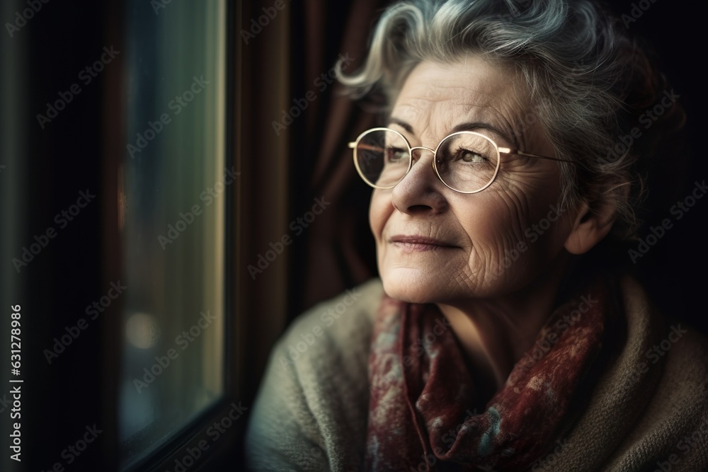 Portrait of a senior woman in glasses looking out the window. Generative AI Portrait of a senior woman in glasses looking out the window. Generative AI