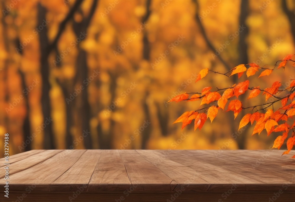 Old wooden table texture with sunny autumn background, AI generated Old wooden table texture with sunny autumn background, AI generated