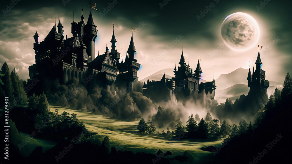 Beautiful enchanting fairytale black castle in the forest at night with a full moon 