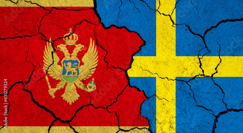 Flags of Montenegro and Sweden on cracked surface - politics, relationship concept