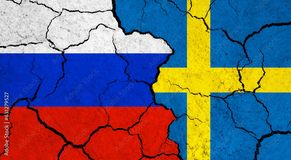 Flags of Russia and Sweden on cracked surface - politics, relationship concept