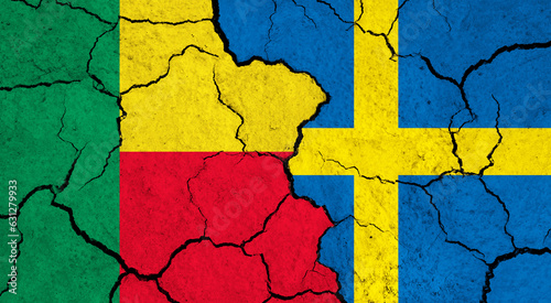 Flags of Benin and Sweden on cracked surface - politics, relationship concept