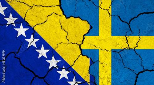 Flags of Bosnia and Sweden on cracked surface - politics, relationship concept