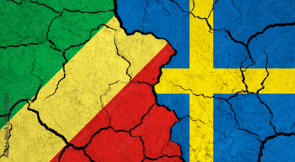 Flags of Congo and Sweden on cracked surface - politics, relationship concept