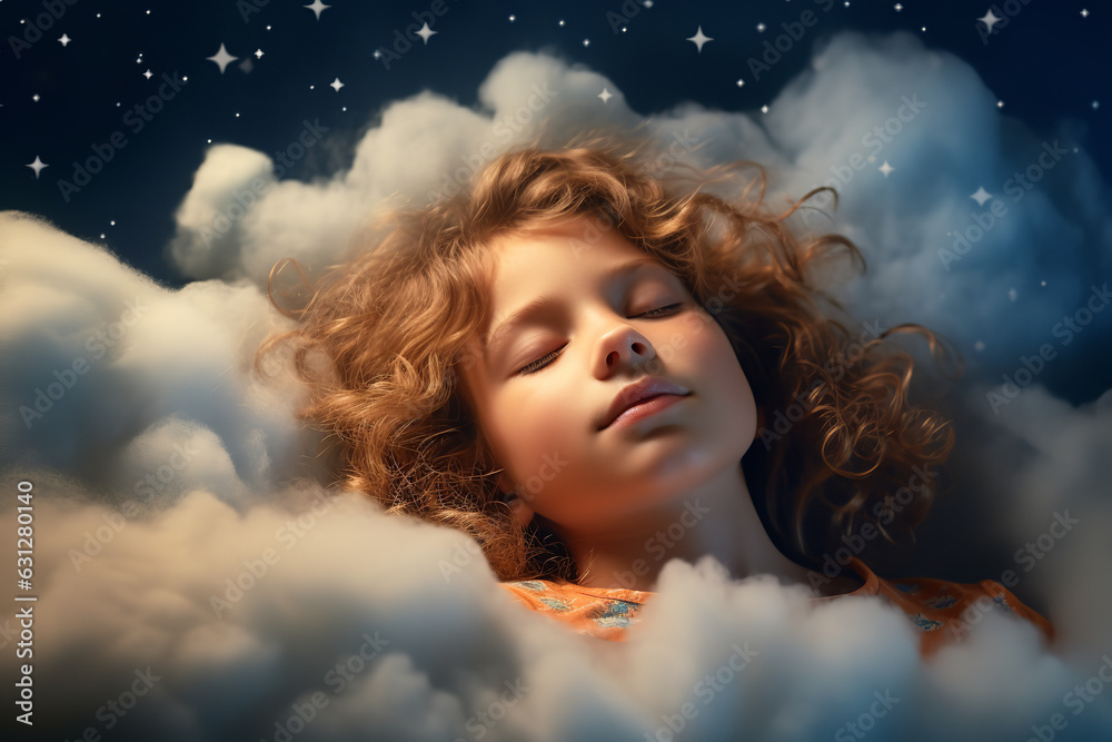 Peaceful child sleeping soundly with a whimsical dream cloud floating above head, representing the imaginative world of dreams
