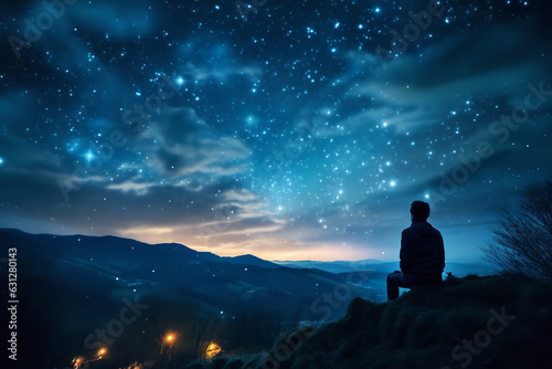 Dreamy scene of a person gazing at a star-filled night sky, illustrating the allure and mystery of dreams and aspirations