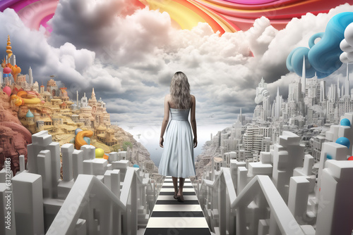 Creative representation of an individual stepping from a grayscale world into a vibrant, colorful dream world, highlighting the escape that dreams provide