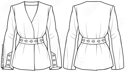 Women's blazer top flat sketch fashion illustration, Work wear woven  Blouse top technical drawing vector template. Formal wear coat