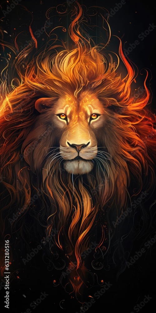 Lion head with fire flames on a dark background. Fantasy illustration Lion head with fire flames on a dark background. Fantasy illustration