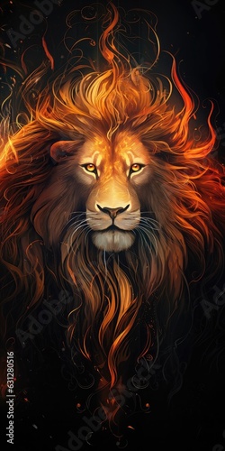 Lion head with fire flames on a dark background. Fantasy illustration