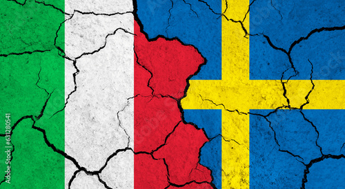 Flags of Italy and Sweden on cracked surface - politics, relationship concept