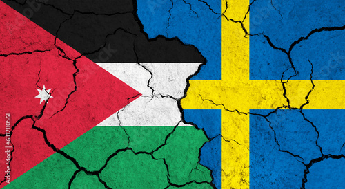 Flags of Jordan and Sweden on cracked surface - politics, relationship concept