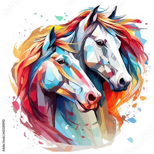 Horse heads with colorful splashes. Vector illustration on white background