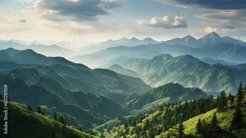  a view of a mountain range with a forest in the foreground. generative ai