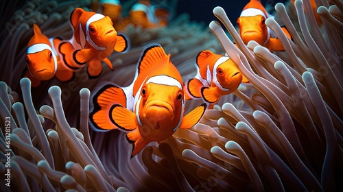  a group of clown fish swimming in an anemone. generative ai