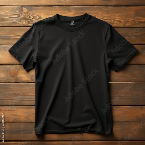 single blank black t shirt mockupon a wooden background