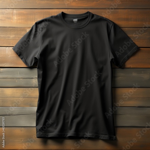 single blank black t shirt mockupon a wooden background photo