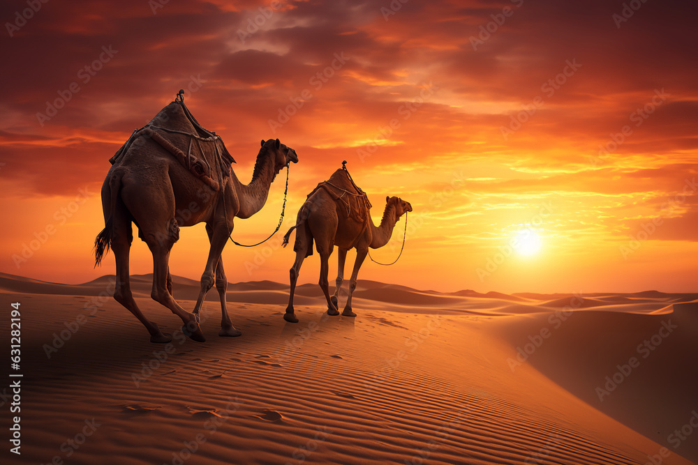 Line of camels gracefully walking on a sandy desert during a stunning sunset, capturing the essence of Middle Eastern landscapes Line of camels gracefully walking on a sandy desert during a stunning sunset, capturing the essence of Middle Eastern landscapes