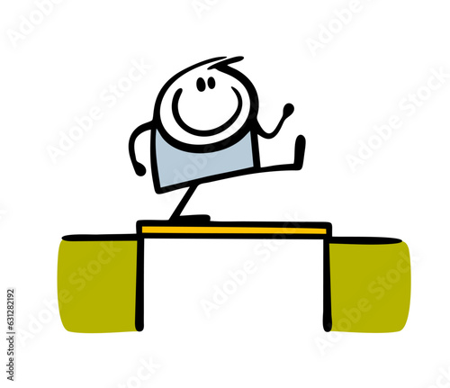 Cute cartoon stickman walks merrily on a board thrown over a precipice. Vector illustration of a reliable bridge, a confident boy going to the other side.