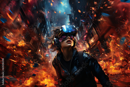 woman with virtual reality glasses, color feast