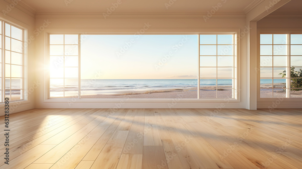 Empty apartment room with wooden floor of beach house. Sea view from windows. Copy space. Generative AI Empty apartment room with wooden floor of beach house. Sea view from windows. Copy space. Generative AI