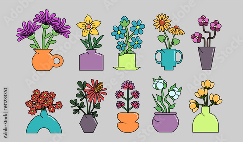 Trendy cartoon colorful still life flowers with abstract vases. Simple domestic flowers in pots. Colorful groovy elements in 70s and 60s style. Vintage hippie flowers