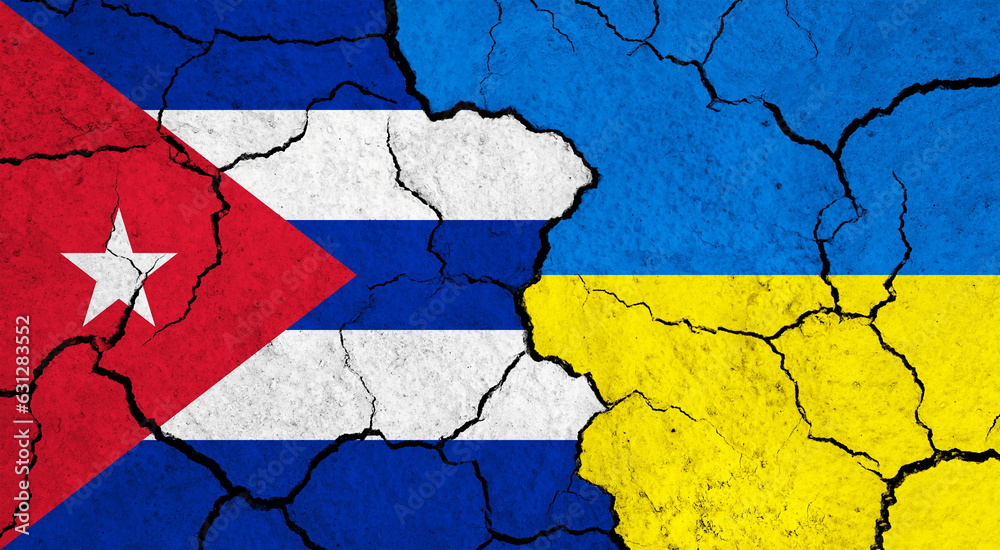 Flags of Cuba and Ukraine on cracked surface - politics, relationship concept